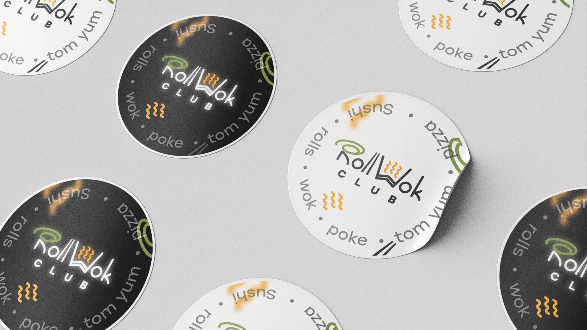 Разработка дизайна наклеек для суши-бара «Roll Wok Club» в Большом Камне